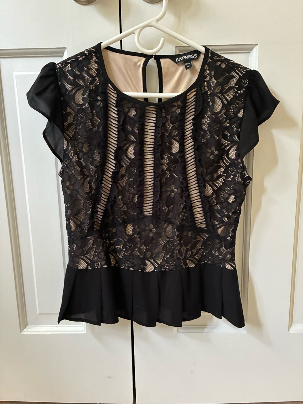Express Black Lace Peplum Blouse with Nude Lining